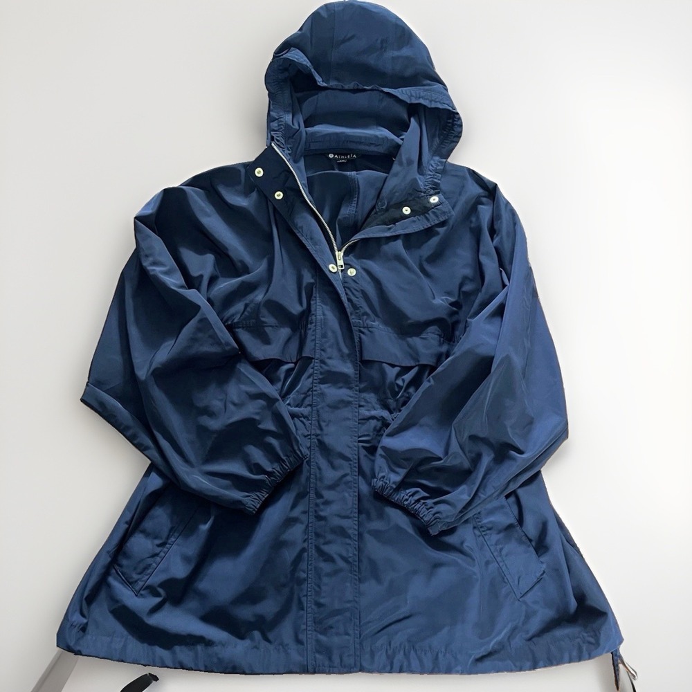 Athleta-Woman's Rainfall Swing Hooded Navy Blue Zip Parka Jacket L/XL Gold EUC